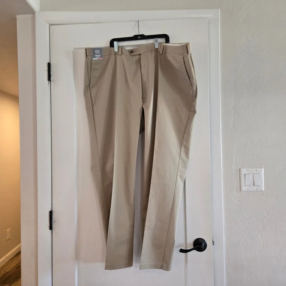 Roundtree & Yorke Pants TravelSmart Mens 46x30 Khaki  Stretch Waist Straight Fit